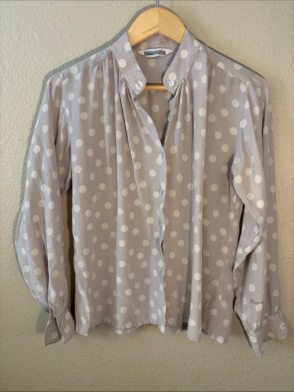 Pancaldi 100% Silk Blouse Made in France Taupe Polka Dot Pleated Button Down